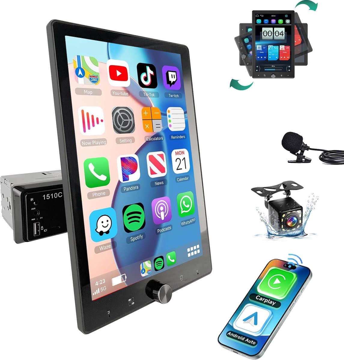 ESSGOO 1Din Autoradio - Apple Carplay & Android Auto - 10.4 inch HD verstelbaar scherm - USB, Aux, Bluetooth - Achteruitrijcamera & Microfoon — afbeelding 1