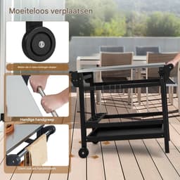 Buitenkeuken op Wielen – BBQ Trolley – Met Opbergkast & Planken – Werktafel voor Buiten – Hout & Metaal – Multifunctioneel – Zwart — thumbnail 4