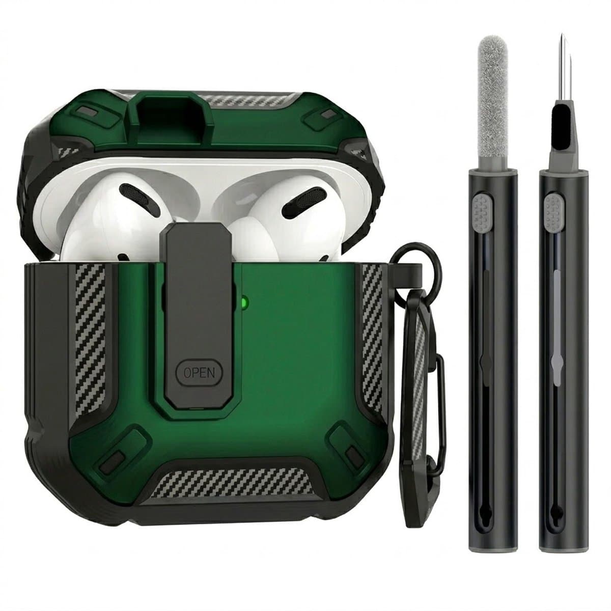 Groen hoesje voor oordopjes met cleaning kit – robuuste shockproof beschermhoes geschikt voor AirPods Pro 2 met clip en carbon look details — afbeelding 1