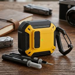 Geel robuust hoesje voor oordopjes met carbon look geschikt voor AirPods 4 inclusief schoonmaakset en karabijnhaak – schokbestendig en duurzaam — thumbnail 2