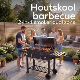KitchenBrothers Houtskool BBQ XL - Dual Zone Smoker Barbecue - Met Verstelbare Kolenroosters & Inklapbare Zijtafels - PFAS-vrij - 42,3x75,8cm Grilloppervlak - Vaderdag Cadeau - Zwart — thumbnail 2