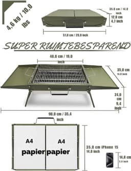34 x 23 cm opvouwbare draagbare houtskoolgrill, kleine campinggrill voor 1-3 personen, BBQ grill voor buiten, geschikt voor tuinen, stranden, gazons en tafelbladen, Groen — thumbnail 4