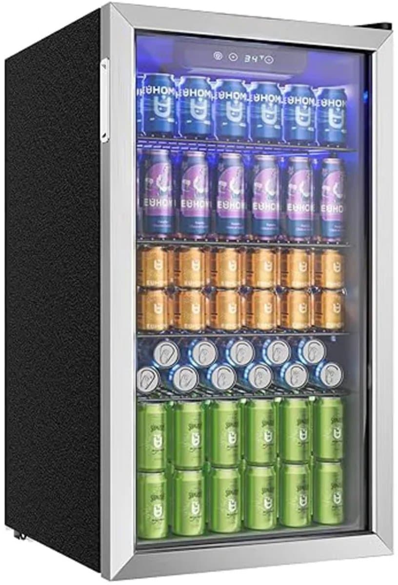 CYRO - Mini Koelkast Glazen Deur - Mini Koelkasten voor Drinken - Minibar - LED - 126 Blikjes - Verstelbare Planken - RVS - Zilver — afbeelding 1