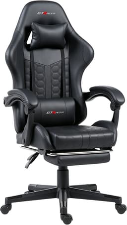 GTRacer - Game Stoel Met Voetensteun - Gaming Stoel - Ergonomische Bureaustoel - Gamestoel - Verstelbaar - Gaming Chair - Zwart — thumbnail 2