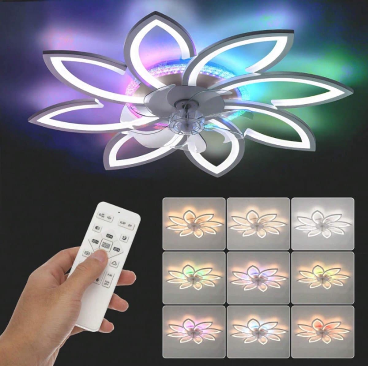 8 Bloem Ventilator Lamp - RGB 12 Kleuren - Moderne Plafondlamp Ventilator - 6 Standen - Wit - Dimbaar - Plafondventilator — afbeelding 1