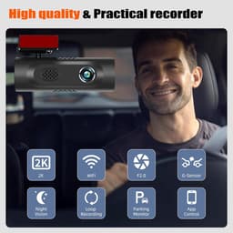 Dashcam Auto, 2K WiFi met App Controle, Dashcam Voorkant Binnenkant met 64GB SD Kaart, Ingebouwd Display 1.5 inch, Dashcam Ondersteunt Parkeer Bewaking, G-Sensor, Lus Opname, Loop Recording — thumbnail 3