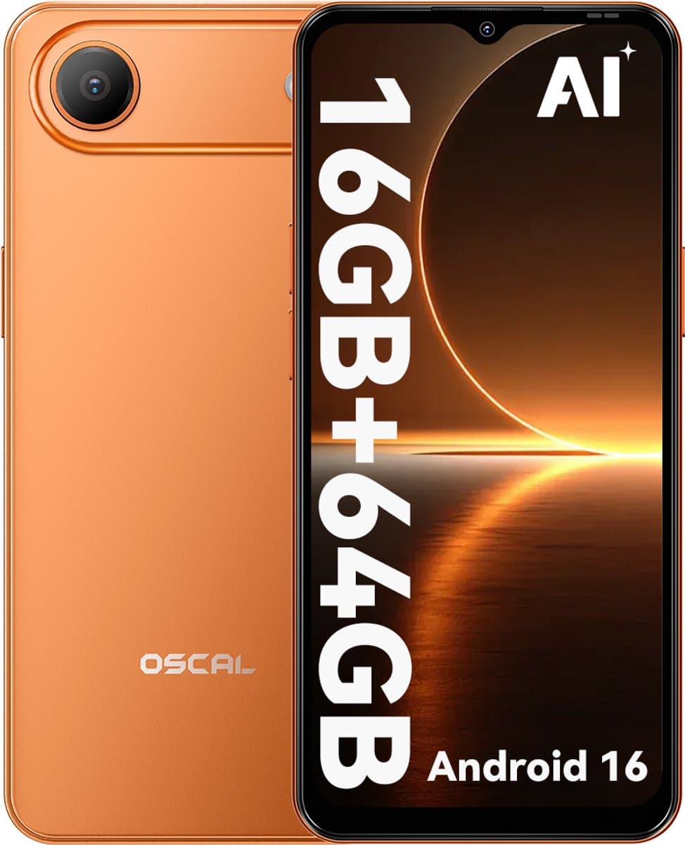 OSCAL FLAT 3C Smartphone - 4G Dual SIM - 16GB RAM - 64GB ROM - 6,56 inch - Android 16 Telefoon - 5000mAh 336Uren - 32MP - GPS - Oranje — afbeelding 1