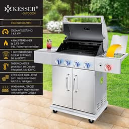 Gasbarbecue 4 Branders met Infrarood Zijbrander 135 x 54 x 87 cm – RVS Buitenkeuken BBQ Grillwagen met Gietijzeren Grillrooster, Thermometer, Piëzo Ontsteking en Wielen – Zilver – HomebyNicole — thumbnail 2