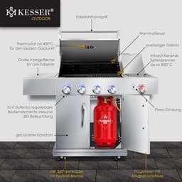 Gasbarbecue 4 Branders met Infrarood Zijbrander 135 x 54 x 87 cm – RVS Buitenkeuken BBQ Grillwagen met Gietijzeren Grillrooster, Thermometer, Piëzo Ontsteking en Wielen – Zilver – HomebyNicole — thumbnail 4