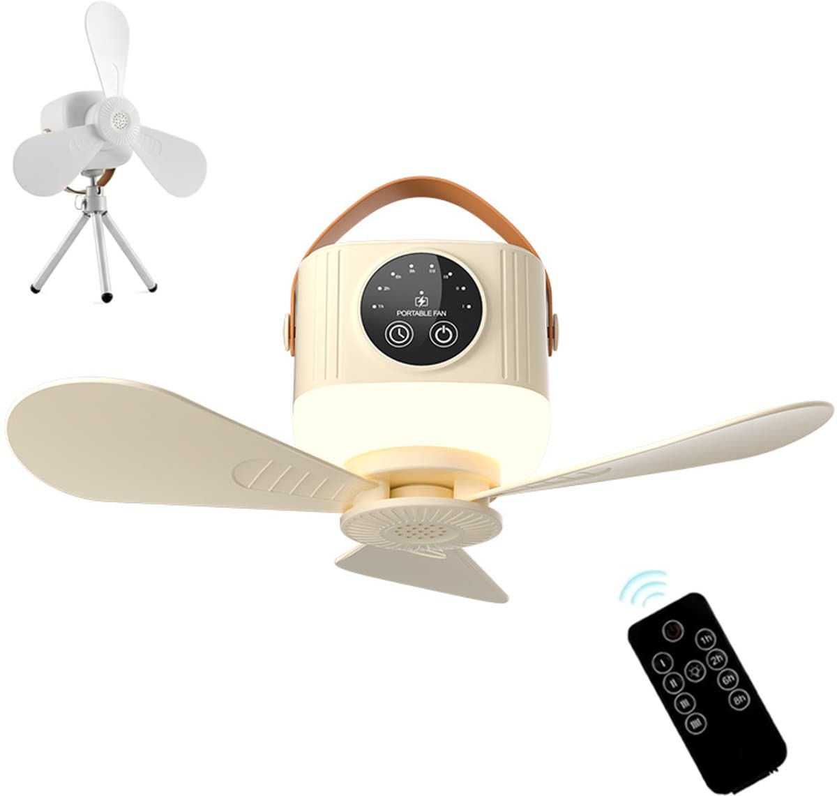 Campingventilator - Draagbare campingventilator - Ventilator - Met verlichting en afstandsbediening- Met 4 snelheidsstanden en timerfunctie 3 standen nachtlampje - Meerdere plaatsingsmethoden met statief - voor luifel strand camper - Beige — afbeelding 1