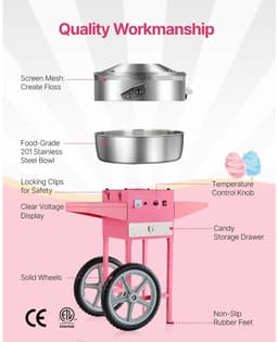M-Goods - Suikerspinmachine met Kar - Professionele Suikerspin Maker - 1000W - 52 CM RVS Kom - Roze — thumbnail 5