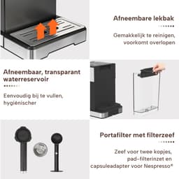 Vankel Halfautomatische Espressomachine -20 Bar professionele hoge druk extractie -1400W pistonmachine -1,7L waterreservoir-6 kopgrootte-en temperatuurstanden-touchscreen kleurendisplay - RVS stoompijpje -compatibel met Nespresso & Dolce Gusto-zwart — thumbnail 4