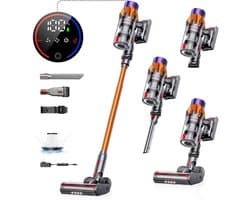 Swiss Haus® CVC2502 Draadloze Steelstofzuiger – 350W – 3-in-1 Vacuum Cleaner – HEPA Filter – LED Display – 40 Min Gebruikstijd – Stofzuiger Zonder Zak – 3 Snelheden - Wandhouder – Goud