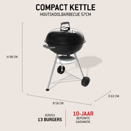 Weber Compact Kettle - Ø 57 cm Grillrooster - Houtskoolbarbecue - Zwart - Asopvangschaal - 2 Duurzame, weerbestendige wielen - Handige dekselhaak - Kras- en roestbestendig — thumbnail 2