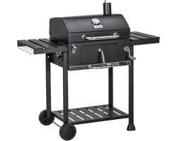 Houtskoolbarbecue - Grillwagen - Tuinbarbecue - Twee roosters - Inklapbare zijtafels - Opbergplank - Handvat - Buiten koken - 120x64x114cm - Zwart