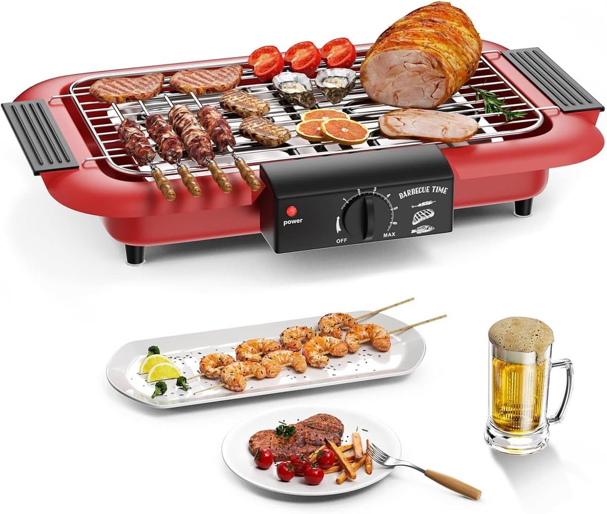 KZQ Elektrische Bbq Grill Rookvrij Met Anti Aanbaklaag Voor Binnen En Buiten - 2000w Dubbelbuis Hoog Vermogen Draagbare Afneembare Standaard Grill Voor Bbq Party - Rood — afbeelding 1