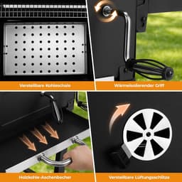SMH LINE® BBQ houtskool XL- Smoker Barbecue - Incl. BBQ Greedschapset en 12x BBQ Spiezen - Verstelbare Kolenroosters & Inklapbare Zijtafel - Zwart — thumbnail 5