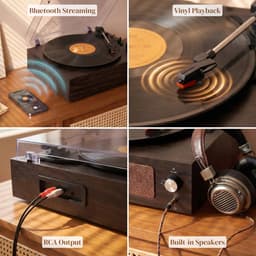 Vika Platenspeler - Met Bluetooth en Speakers - Vintage platenspeler - LP Speler - Bruin en Zwart - Draaitafel voor Vinyl - Met Hout — thumbnail 3