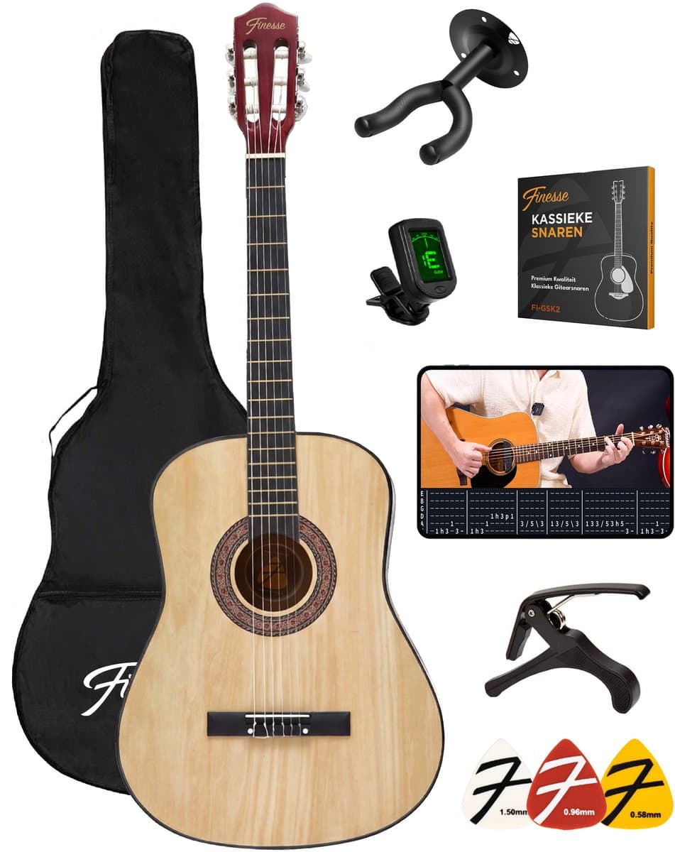 Finesse Akoestische Gitaar - met Videocursus - Nylon Snaren - Klassieke Gitaar - Spaanse Gitaar - Kind - Volwassenen - Naturel — afbeelding 1