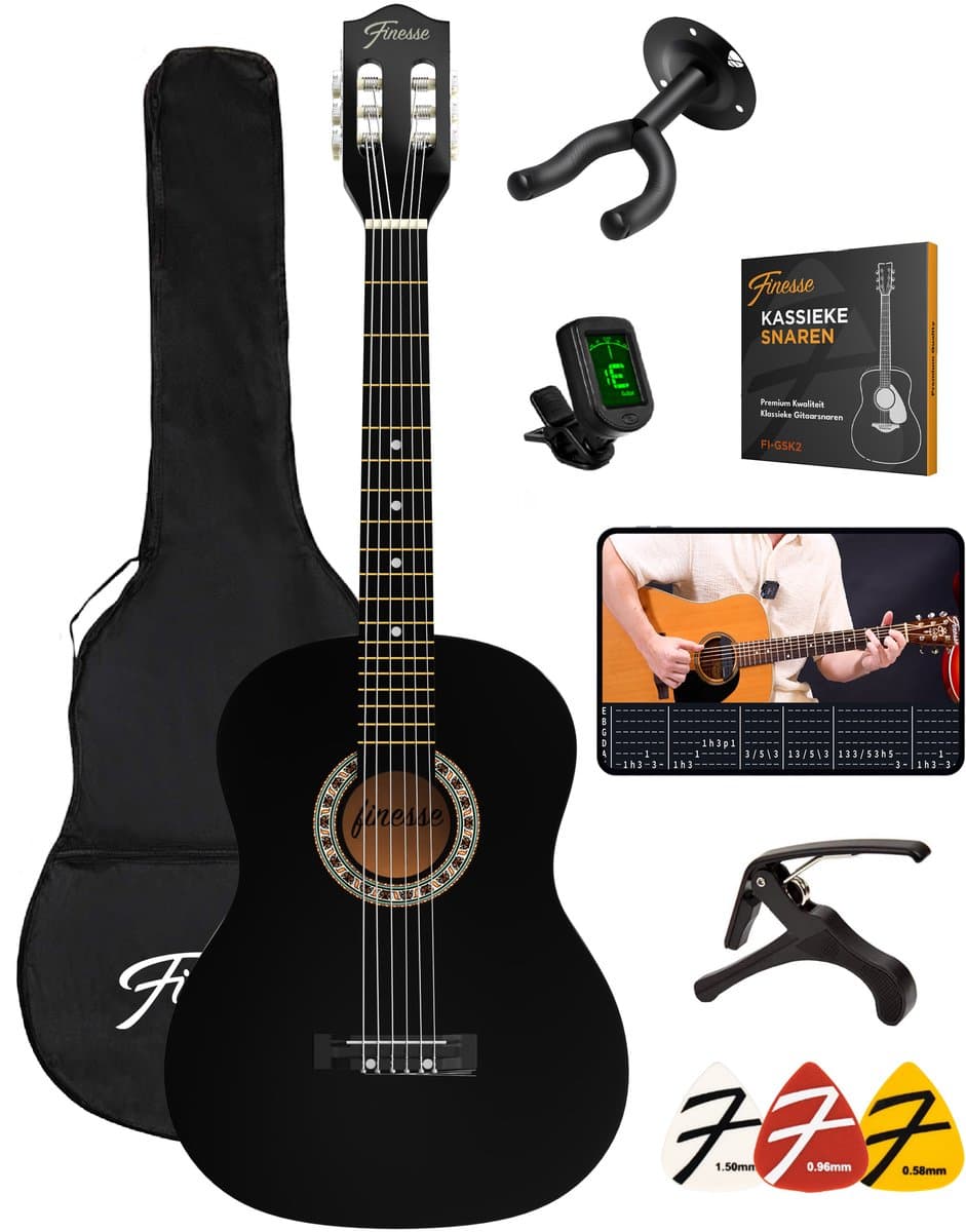 Finesse Akoestische Gitaar - met Videocursus - Nylon Snaren - Klassieke Gitaar - Spaanse Gitaar - Kind - Volwassenen - Zwart — afbeelding 1