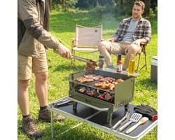 Opvouwbare Houtskoolbarbecue - Draagbare BBQ Met Verstelbaar Grillrooster En Zijtafel - Groen - RVS Camping Grill
