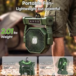 Campingventilator 20000 mAh - USB Oplaadbare Tafelventilator met LED Verlichting - Afstandsbediening - 4 Snelheden & 4 Timers - Stille Outdoor Ventilator met Ophanghaak - Voor Camping, Tent, Picknick en Reizen — thumbnail 4