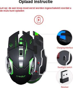 Elementkey M1 - Wireless Gaming Muis - Oplaadbaar + Draadloos - LED - 6 knoppen - 2400 DPI - USB Optische Ergonomische - Game Muis – Zwart — thumbnail 4