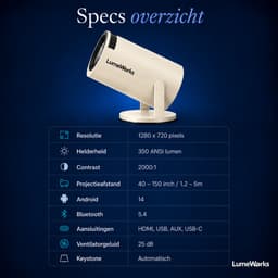 LumeWorks Luna Mini Beamer 2026 - 4K Support - Smart Projector met Android 14 - WiFi 6 & Bluetooth - Home Cinema - Draagbaar - Streamen vanaf Telefoon - Wit — thumbnail 3