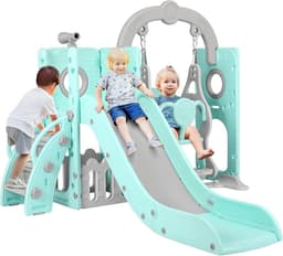 5-in-1 Kinderglijbaan met Schommel, Klimrek, Telescoop, Opbergruimte, Binnen- en Buiten Vrijstaande Glijbaan, Speeltuin Voor Peuters, Schommelset, Voor max. 60KG Van 1-6 Jaar — thumbnail 2