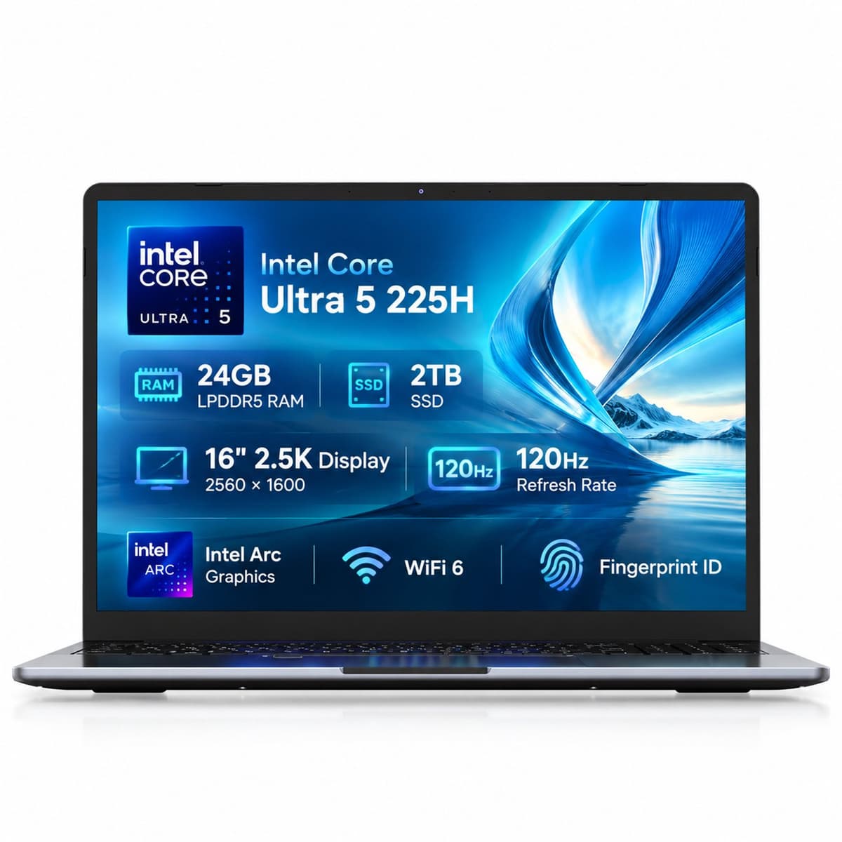 Ninkear 16 inch Laptop Intel Core Ultra 5 225H - AI PC met 24GB RAM en 2TB SSD - 2.5K 120Hz Display - Windows 11 - WiFi 6 - Zilvergrijs — afbeelding 1
