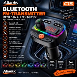 Atlantic® FM Transmitter Bluetooth 5.0 Auto – Bluetooth Adapter Autoradio – Carkit Handsfree Bellen – MP3 Speler – USB-C – 2x USB – 3.1A Quick Charge Autolader – RGB 7 Kleuren — thumbnail 2