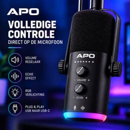 APO Electronics®- Studio 1T - USB / XLR Gaming Microfoon met Boom Arm - RGB - Streaming & Podcast Microfoon - Volume & Echo - Zwart — thumbnail 5