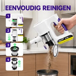 Steelstofzuiger Draadloos 500W - 18.000 Pa - 2-in-1 Kruimeldief - Groene LED - HEPA-filter - Zonder Zak - Wit/Paars — thumbnail 2