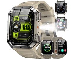 Robuuste Outdoor Smartwatch voor Heren – Bellen | Gebeld Worden – Waterdichte Fitnesstracker met Bloeddruk – Hartslag – SpO2 en Slaapmonitoring - Sporthorloge - Tactische Bluetooth Smart Watch voor iOS/Android - Khaki