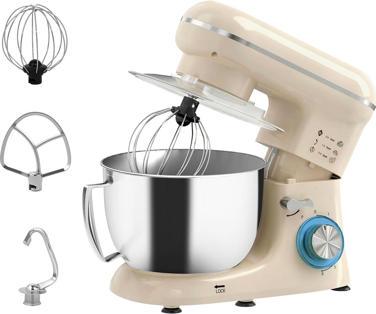 Keukenmachine 1300W Beige - Keukenmixer met 4,5L RVS Mengkom - 6 Snelheden met Pulsfunctie - Kneedmachine met Deeghaak, Garde en Klopper — afbeelding 1
