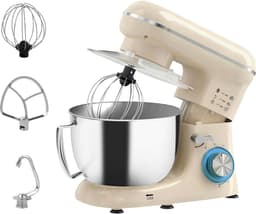 Keukenmachine 1300W Beige - Keukenmixer met 4,5L RVS Mengkom - 6 Snelheden met Pulsfunctie - Kneedmachine met Deeghaak, Garde en Klopper — thumbnail 1