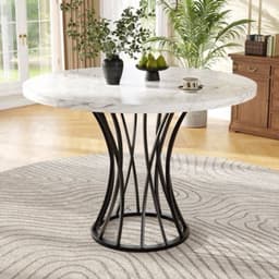 Rondetafel – Ronde Eettafel – Keukentafel – Tafel – MDF Tafel – Marmeren Blad – Glanzende Metalen Poten – 80x80x76 cm – Lichtgewicht & Luxe — thumbnail 3