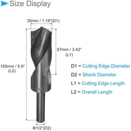 Verminderde schacht, spiraalboor, 30 mm, snijrand, 1/2 inch schacht, nitride gecoat, snelstaal, 9341 rotatie, boorinzetstukken - (toepassingen: voor roestvrij staal, metaal, hout) — thumbnail 2