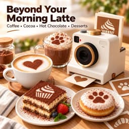 Koffie Printer - 3D Latte Art Maker - Cappuccino Sjabloon - Retro Camera Poederverdeler - Geprint (9.5x9.5x12 cm) - 4 Sjablonen (Cupcake, Croissant, Roos & Latte Art) - Geschikt voor Koffie & Taart - Groen — thumbnail 3