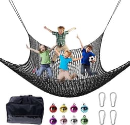 Klimnet voor speelplaats, 1 x 3 m, dubbellaags, veiligheidsnet voor kinderen, 4 haken, 8 bellen, voor gebruik binnen en buiten, valpreventie (zwart) — thumbnail 1