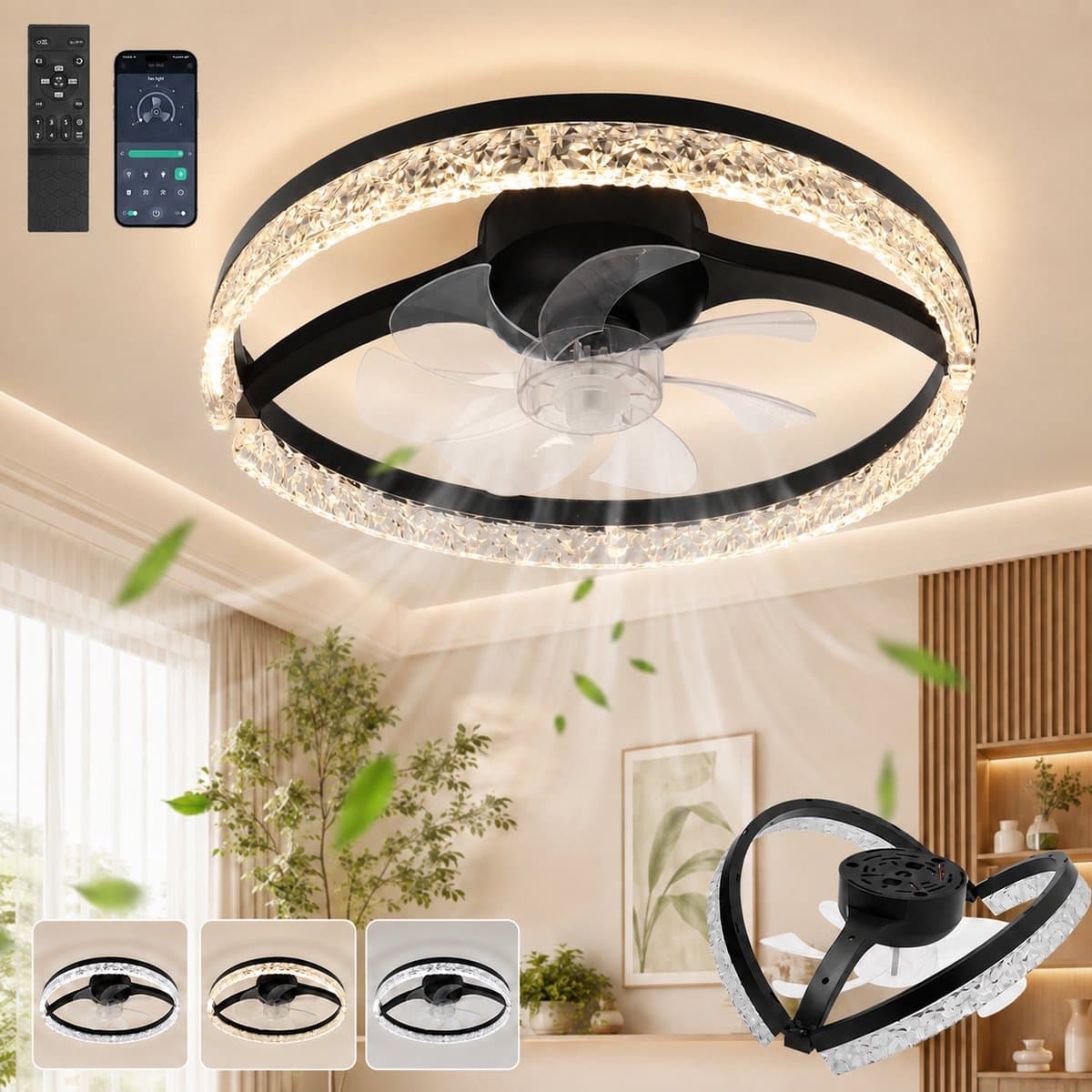 MUPOO Moderne Ventilatorlamp compact ontwerp 45 cm- plafondventilator met Verlichting en Inklapbare Bladen -App & Afstandsbediening- Fluisterstil - Dimbaar & Omkeerbare Motor -lamp ventilator plafond voor Woonkamer en Slaapkamer — afbeelding 1