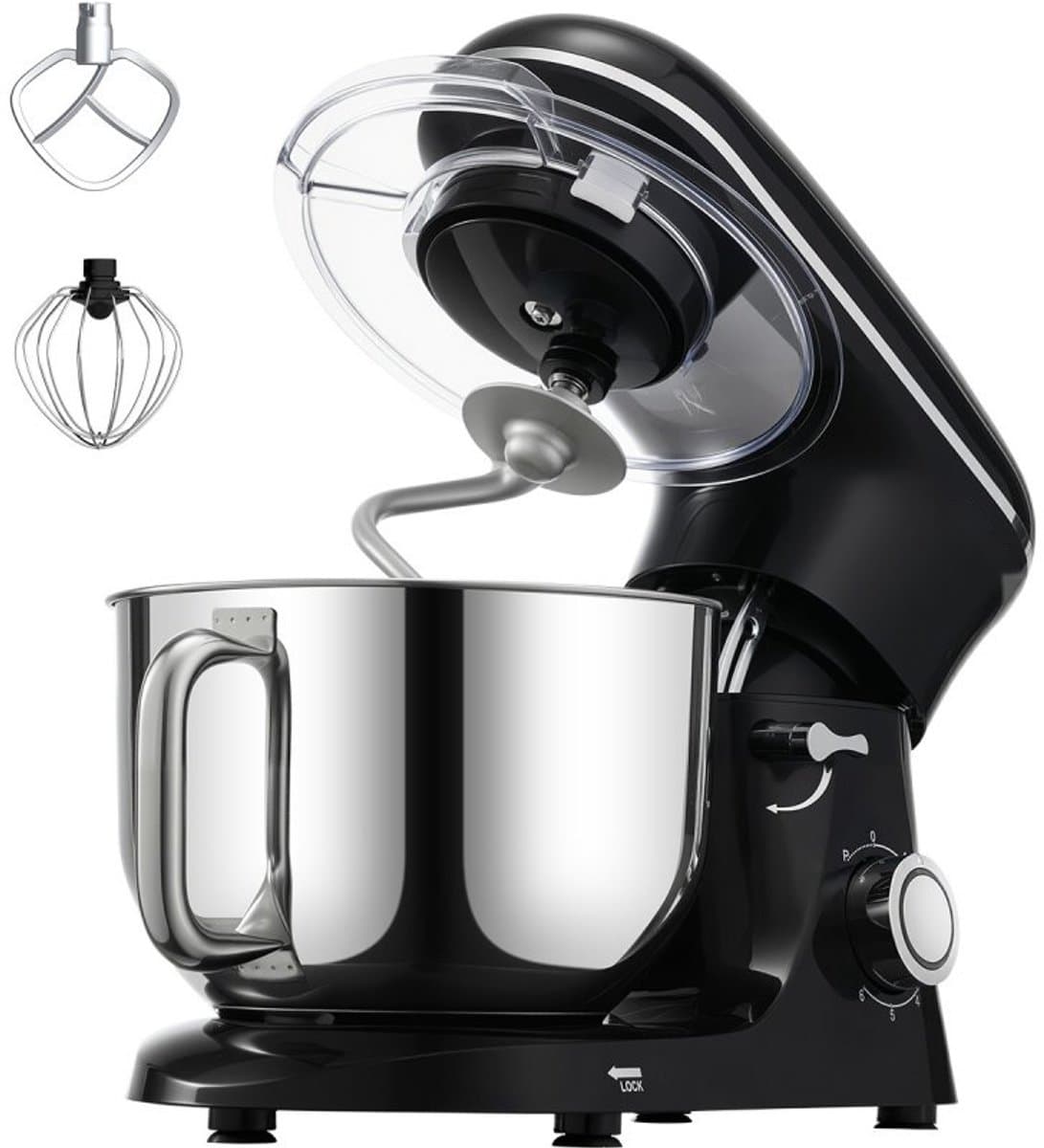 Keukenmachine - Standmixer en Deegmixer - Met Kantelbare Kop - Vermogen 1400W - Inhoud 5,68 L RVS Kom - Deeghaak en Garde - Mengschraper - Zwart — afbeelding 1