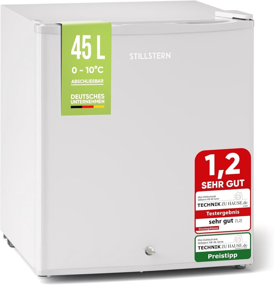 Stillstern Mini Koelkast E 45L met Automatische Ontdooiing, Slot, Vriesvak, stil, ideaal voor keuken, kantoor, slaapkamer, hotels en kleine appartementen Kleine koelkast Minibar Drankkoelkast Zilver [Energieklasse E] — afbeelding 1