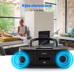 MEDION DRX-1 Plus Boombox (draagbare DAB+ & FM-radio, Bluetooth, cd-speler, MP3, cassette, hoofdtelefoonaansluiting, stereo, AUX, netstroom & batterijen) zwart — thumbnail 5
