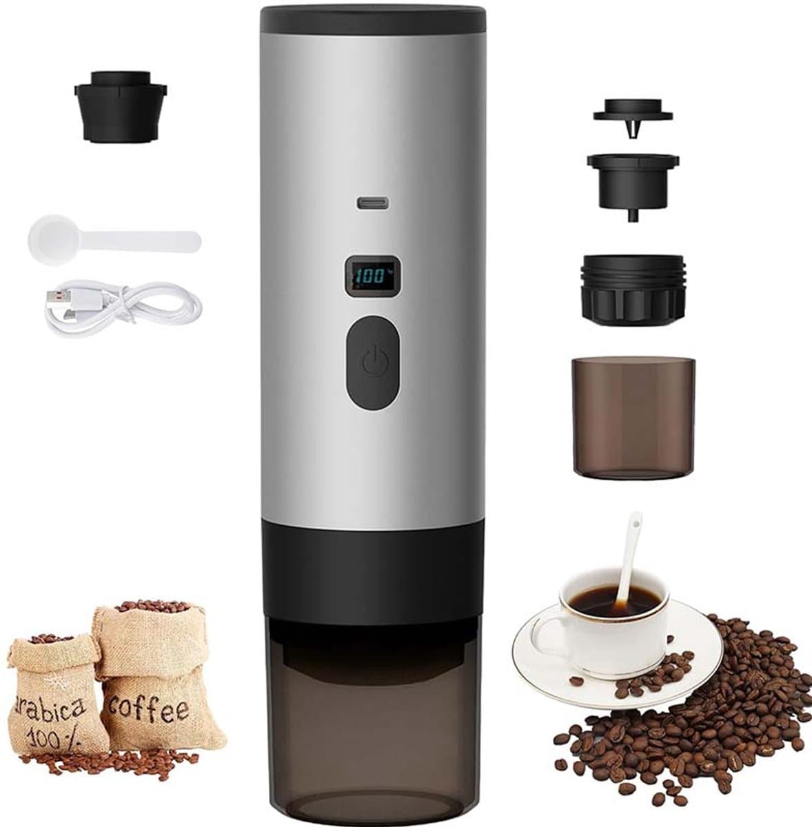3-in-1 Draagbare Koffiezetter 72W - USB-oplaadbare Espressomachine - Capsule Espresso Apparaat - 90 Ml Watertank - Geschikt Voor Kantoor, Camper En Reizen (Grijs) — afbeelding 1