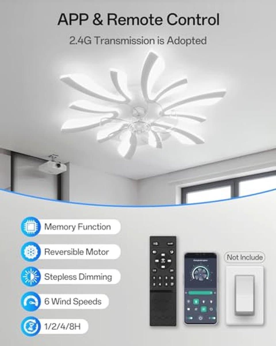 Moderne plafondventilator met verlichting - Dimbaar en geruisloos, 78 cm, afstandsbediening, 6 snelheden, voor slaapkamer en woonkamer — afbeelding 1