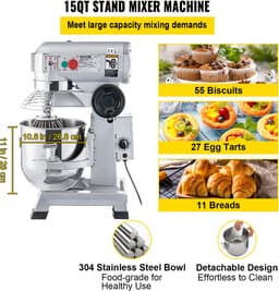 VEVOR Keukenmachine, Commerciële Kneedmachine met 15qt Rvs Kom, 850w Zware Elektrische Keukenrobot met 3 Snelheden 113/184/341rpm, Deeghaak Klopklopper Inbegrepen, Staande Mixer voor Bakkerij Pizzeria — thumbnail 3