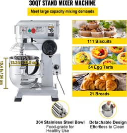 VEVOR Keukenmachine, CommerciëLe Kneedmachine met 30 Qt RVS Kom, 1500 W Zware Elektrische Keukenrobot 3 Snelheden 108/199/382 RPM, Deeghaak Klopklopper Inbegrepen, Staande Mixer voor Bakkerij Pizzeria — thumbnail 4