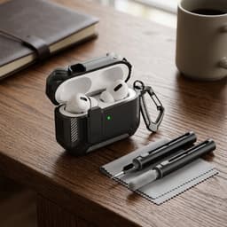 Zwart robuust hoesje voor oordopjes met carbon look geschikt voor AirPods Pro 2 inclusief schoonmaakset en karabijnhaak – schokbestendig en duurzaam — thumbnail 2