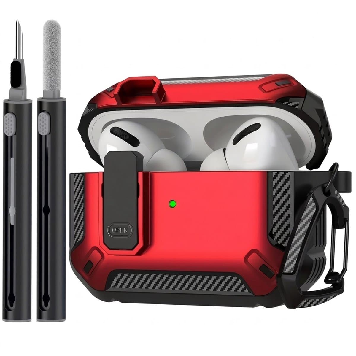 Rood robuust hoesje voor oordopjes met carbon look geschikt voor AirPods Pro 2 inclusief schoonmaakset en karabijnhaak – schokbestendig en duurzaam — afbeelding 1